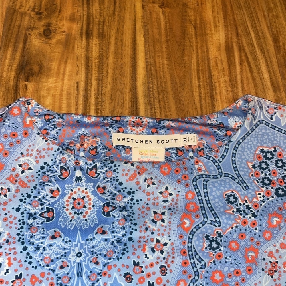 Gretchen Scott women’s XL 16 18 dress Blue 
Orange pattern stretch 3/4 sleeve - Picture 3 of 11